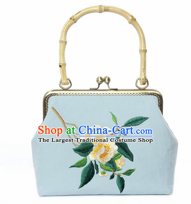 Chinese Traditional Handmade Embroidered Camellia Blue Bags Retro Handbag for Women