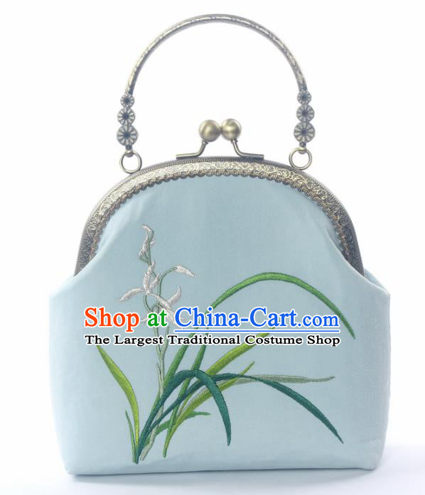 Chinese Traditional Handmade Embroidered Orchid Blue Bag Retro Handbag for Women