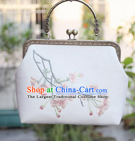 Chinese Traditional Handmade Embroidered Peach Blossom White Bag Retro Handbag for Women