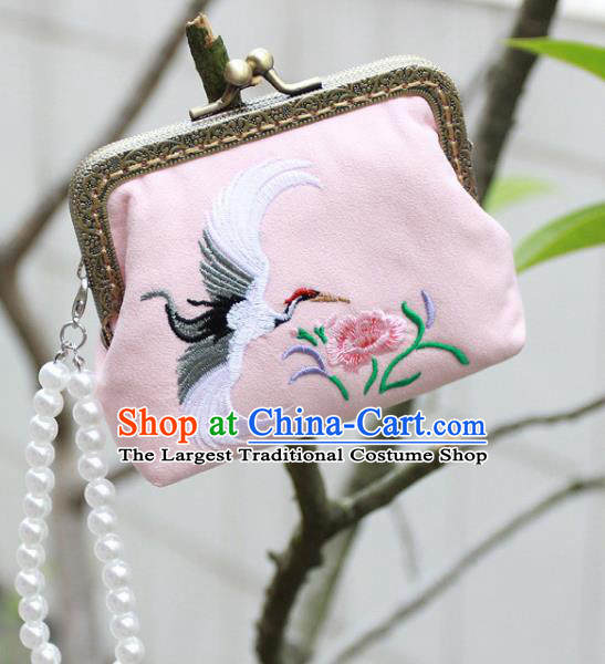 Chinese Traditional Handmade Embroidered Crane Flower Pink Wallet Retro Coin Purse Handbag for Women
