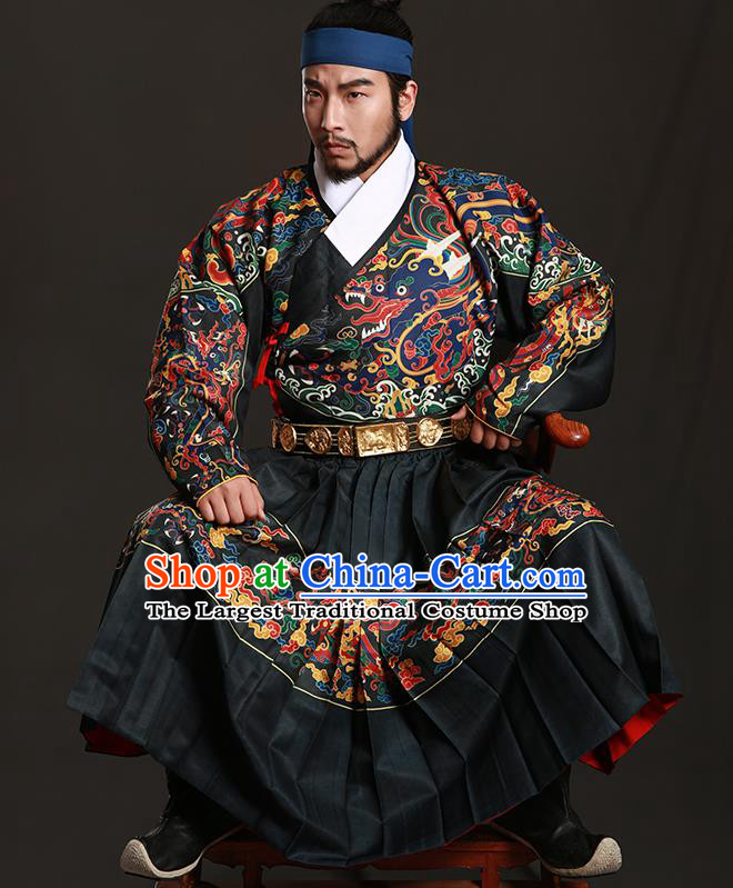 Chinese Traditional Ming Dynasty Imperial Bodyguard Clothing Ancient Blads Embroidered Black Costumes for Men