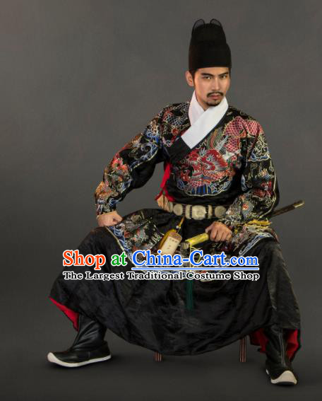Chinese Traditional Ming Dynasty Swordsman Clothing Ancient Blades Embroidered Black Costumes for Men