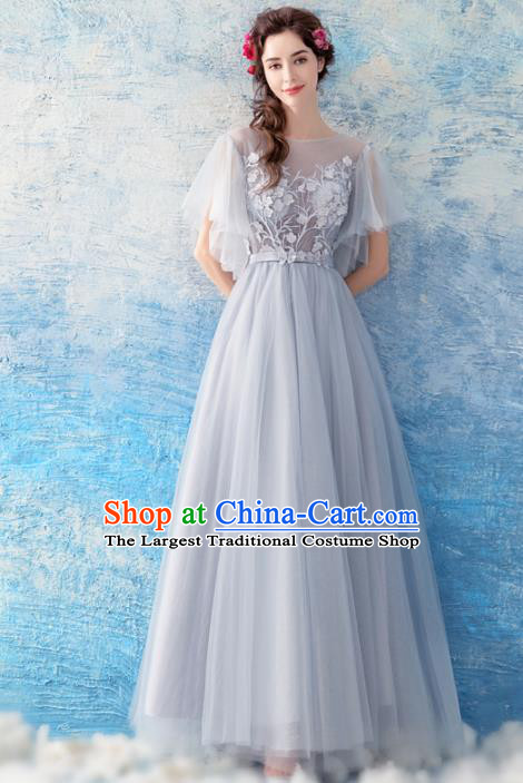 Top Grade Handmade Catwalks Costumes Compere Grey Veil Full Dress for Women