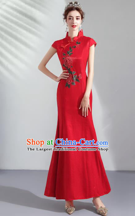 Chinese Traditional Wedding Cheongsam Embroidered Costume Compere Red Full Dress for Women