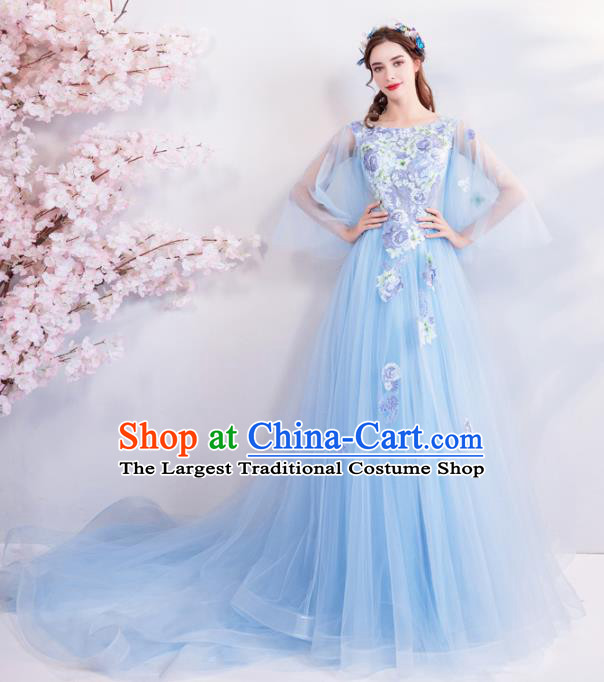 Top Grade Handmade Catwalks Costumes Compere Fairy Flowers Blue Full Dress for Women