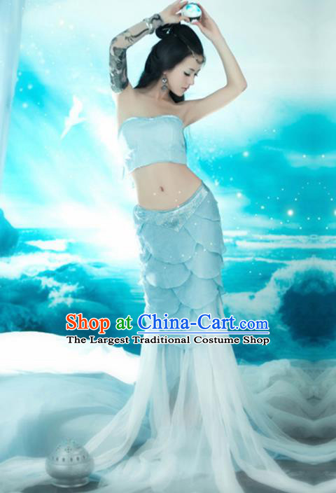 Chinese Ancient Peri Mermaid Costumes Blue Dress for Women