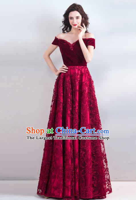 Top Grade Handmade Compere Costume Catwalks Red Velvet Lace Formal Dress for Women