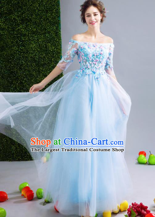 Top Grade Handmade Compere Costume Catwalks Blue Veil Formal Dress for Women