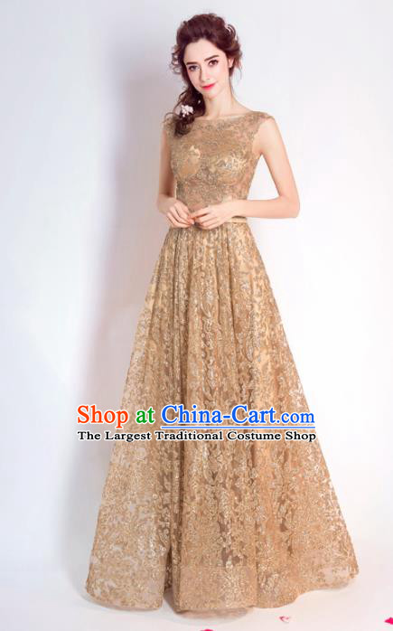 Top Grade Handmade Compere Costume Catwalks Golden Lace Formal Dress for Women