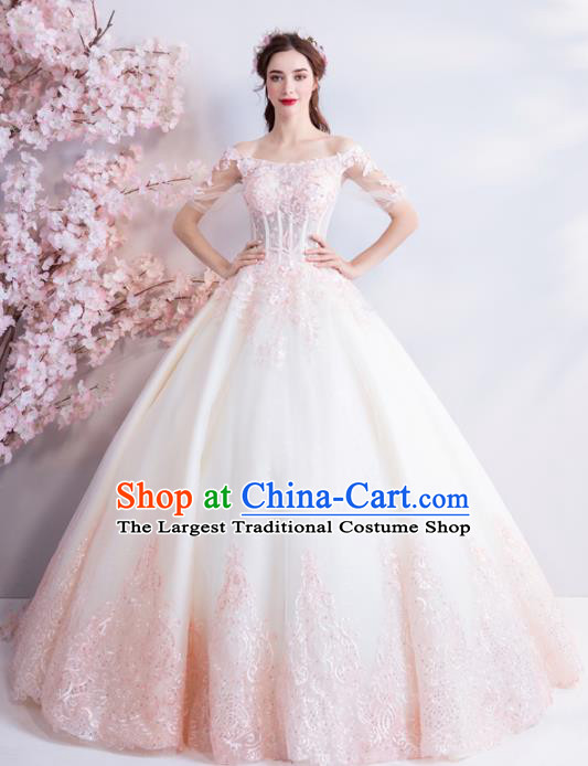Handmade Top Grade Princess Pink Wedding Dress Fancy Embroidered Wedding Gown for Women