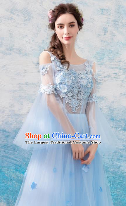 Top Grade Handmade Compere Costume Catwalks Blue Lace Veil Formal Dress for Women
