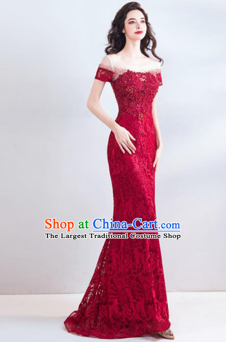 Top Grade Compere Wine Red Lace Costume Handmade Catwalks Formal Dress for Women