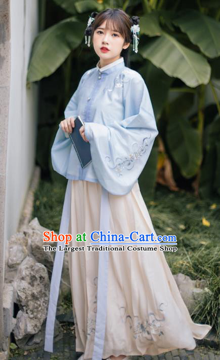 Ancient Chinese Ming Dynasty Young Lady Costumes Embroidered Blue Blouse and Skirt for Women