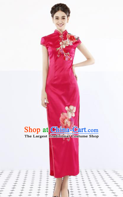 Chinese Traditional Rosy Silk Cheongsam Wedding Bride Costume Compere Full Dress for Women