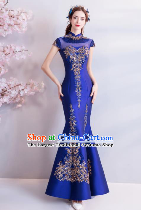 Chinese Traditional Royalblue Silk Cheongsam Wedding Bride Costume Compere Full Dress for Women