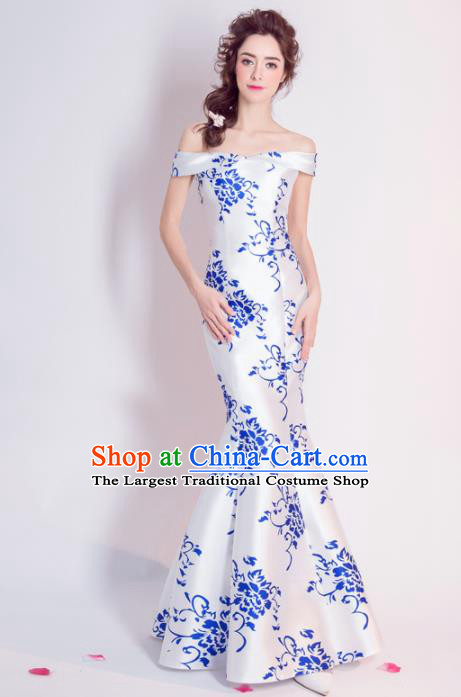 Chinese Traditional Chorus Printing Peony Cheongsam Wedding Bride Compere Red Full Dress for Women