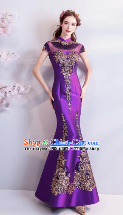 Top Grade Purple Veil Evening Dress Compere Costume Handmade Catwalks Angel Full Dress for Women