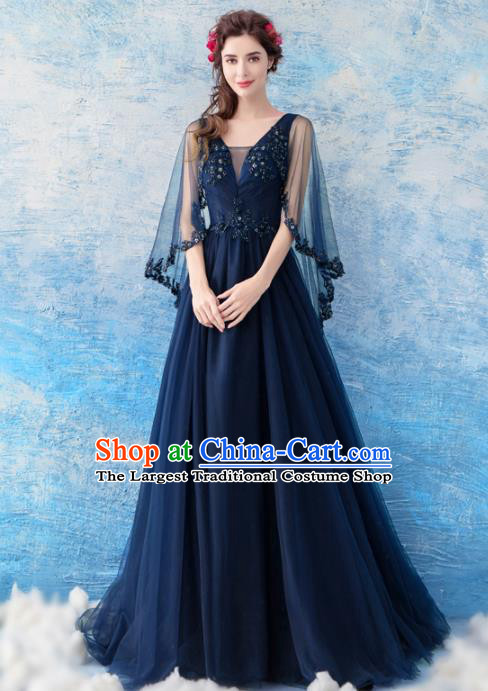 Top Grade Compere Navy Veil Formal Dress Handmade Catwalks Angel Full Dress for Women