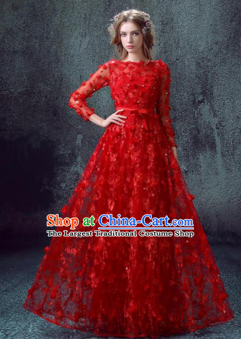 Handmade Bride Red Lace Wedding Dress Princess Costume Flowers Fairy Fancy Wedding Gown for Women