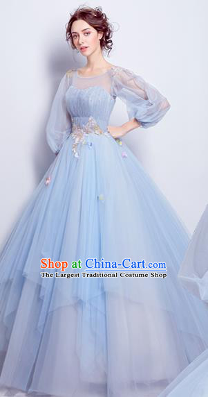Handmade Bride Blue Veil Wedding Dress Princess Costume Flowers Fairy Fancy Wedding Gown for Women