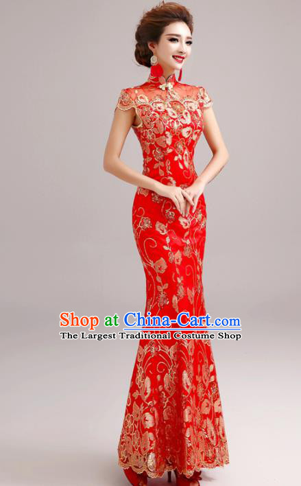 Chinese Traditional Mermaid Full Dress Wedding Bride Red Lace Cheongsam for Women