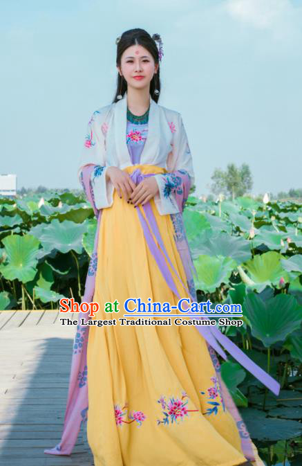 Chinese Traditional Nobility Lady Historical Costumes Ancient Tang Dynasty Yellow Hanfu Dress for Women