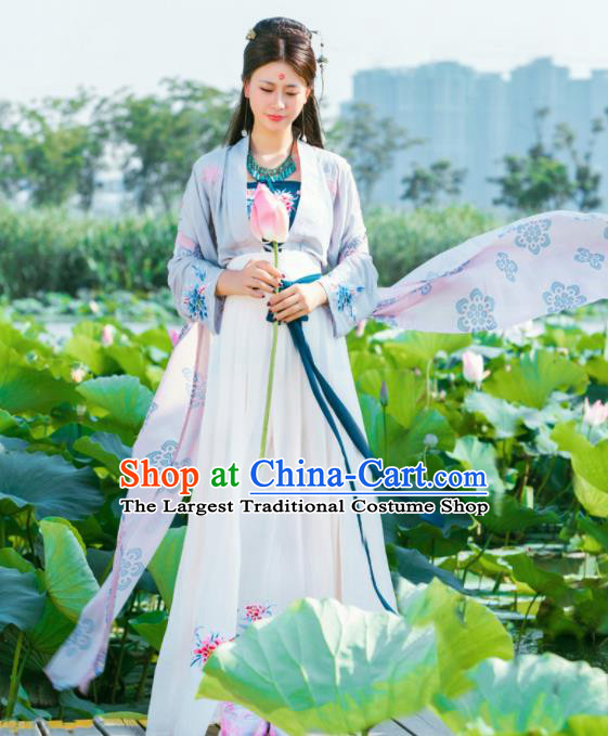 Chinese Traditional Tang Dynasty Historical Costumes Ancient Peri Nobility Lady White Hanfu Dress for Women