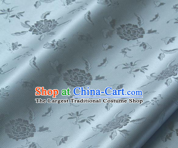 Traditional Asian Light Blue Brocade Classical Peony Pattern Drapery Korean Hanbok Palace Satin Silk Fabric
