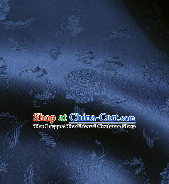 Traditional Asian Deep Blue Brocade Classical Peony Pattern Drapery Korean Hanbok Palace Satin Silk Fabric