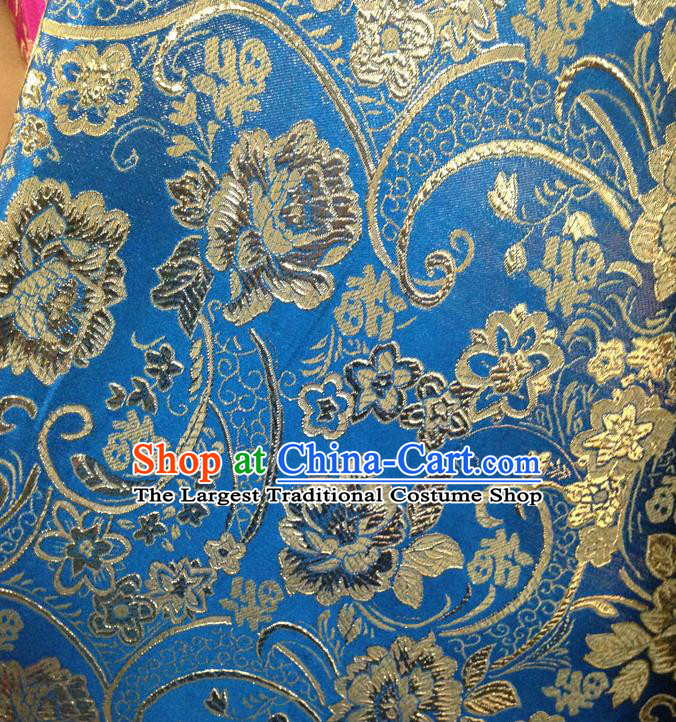 Chinese Traditional Blue Brocade Fabric Tang Suit Classical Peony Flowers Pattern Design Silk Material Satin Drapery