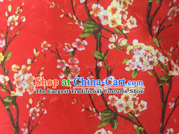 Chinese Traditional Apparel Fabric Printing Peach Blossom Red Brocade Classical Pattern Design Silk Material Satin Drapery