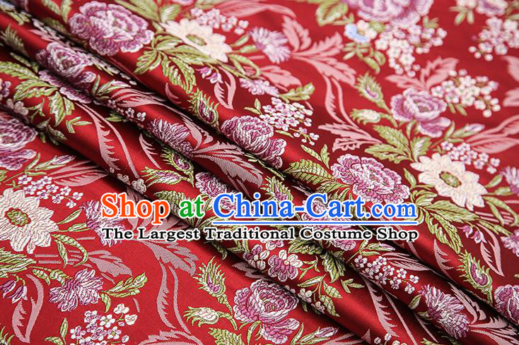 Chinese Traditional Bride Apparel Fabric Purplish Red Brocade Classical Peony Pattern Design Material Satin Drapery