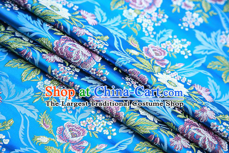 Chinese Traditional Bride Apparel Fabric Blue Brocade Classical Peony Pattern Design Material Satin Drapery