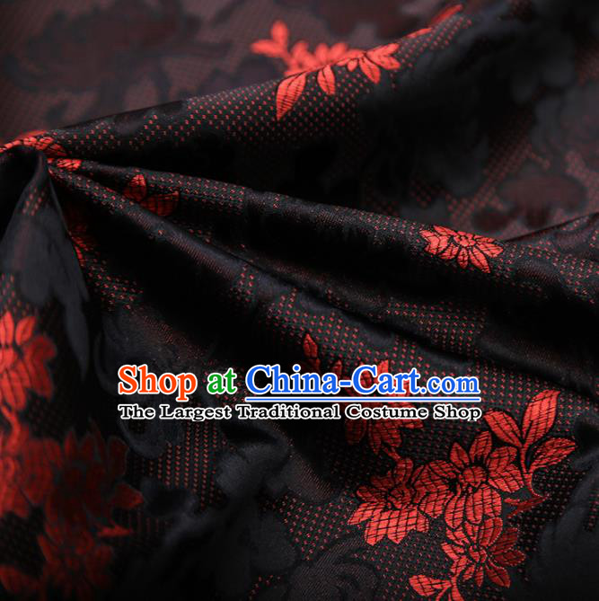 Chinese Traditional Apparel Black Brocade Fabric Classical Peony Chrysanthemum Pattern Design Material Satin Drapery