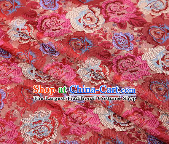 Chinese Traditional Jacquard Fabric Qipao Dress Red Brocade Classical Roses Pattern Design Satin Material Drapery