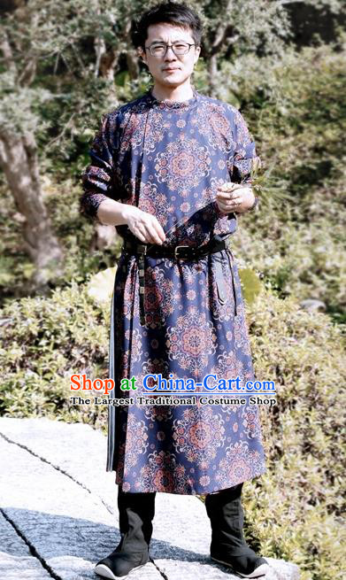 Chinese Ancient Tang Dynasty Blue Round Collar Robe Swordsman Imperial Bodyguard Costumes for Men