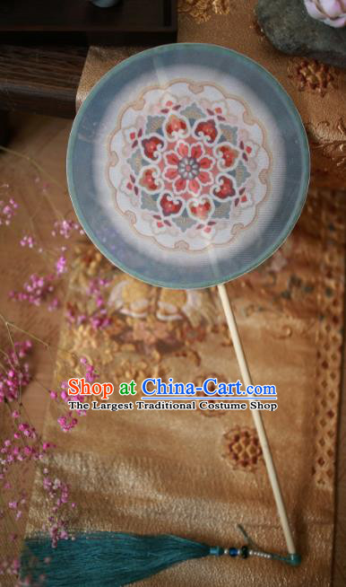 Chinese Ancient Handmade Blue Palace Fans Traditional Hanfu Round Fans for Women