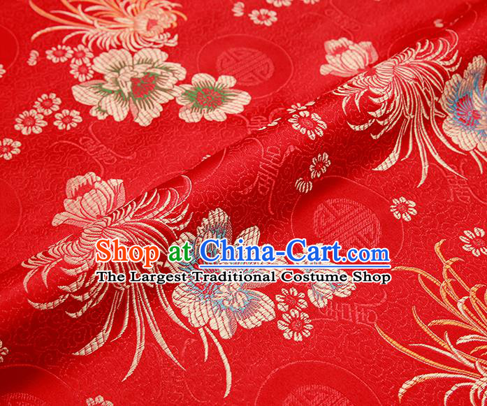 Chinese Traditional Red Satin Classical Chrysanthemum Peony Pattern Design Brocade Fabric Tang Suit Material Drapery