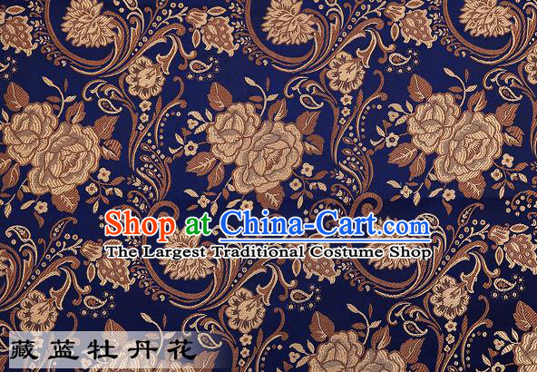 Chinese Traditional Navy Satin Classical Peony Pattern Design Brocade Fabric Tang Suit Material Drapery