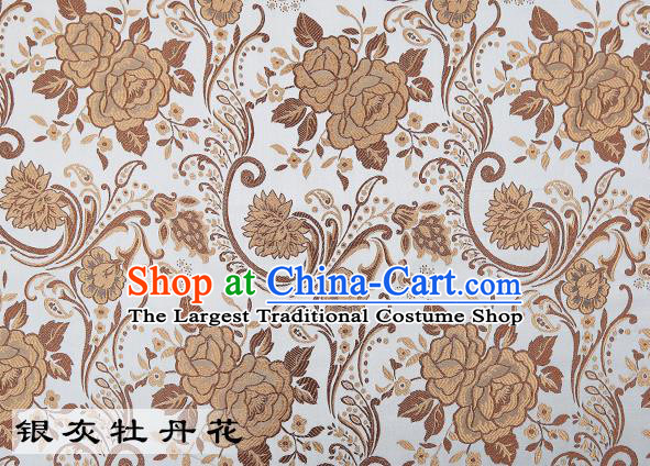 Chinese Traditional White Satin Classical Peony Pattern Design Brocade Fabric Tang Suit Material Drapery