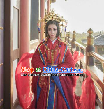 Traditional Chinese Cosplay Wedding Red Hanfu Dress Ancient Princess Embroidered Costumes and Headpiece for Women