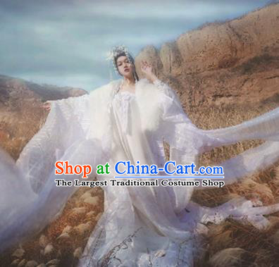 Ancient Chinese Cosplay Goddess White Hanfu Dress Traditional Princess Embroidered Costumes and Headpiece Complete Set