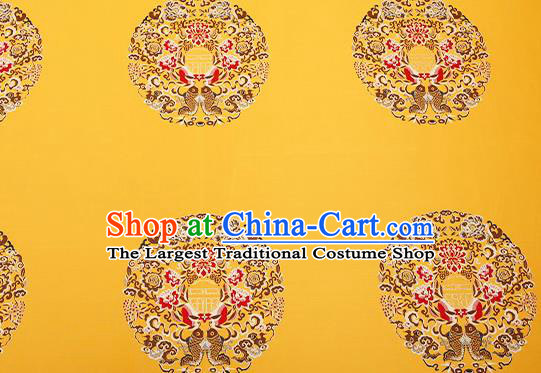 Top Grade Double Fishes Pattern Yellow Brocade Chinese Traditional Garment Fabric Cushion Satin Material Drapery