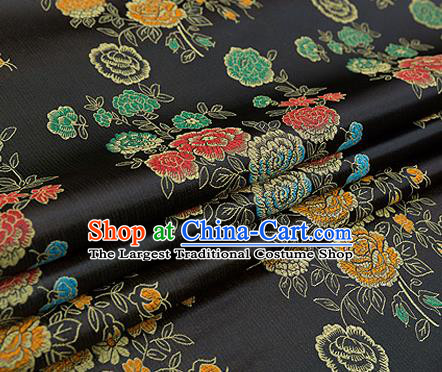 Top Grade Classical Peony Pattern Black Brocade Chinese Traditional Garment Fabric Qipao Dress Satin Material Drapery