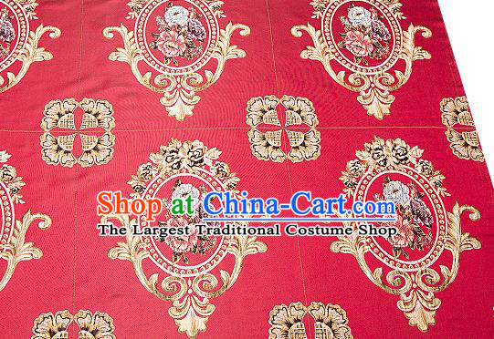 Top Grade Classical Flocked Peony Pattern Red Brocade Chinese Traditional Garment Fabric Cushion Satin Material Drapery