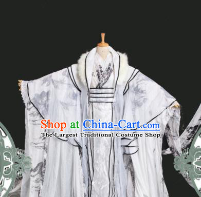 Chinese Ancient Cosplay Swordsman White Costumes Traditional Royal Highness Nobility Childe Clothing for Men