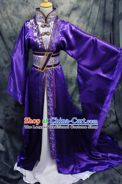 Asian Chinese Ancient Prince Swordsman Purple Costumes Traditional Cosplay Nobility Childe Hanfu Clothing for Men