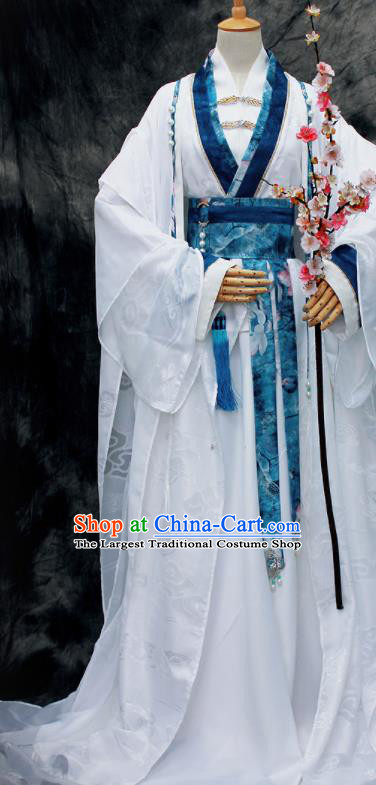 Chinese Ancient Swordsman White Costumes Traditional Cosplay Nobility Childe Hanfu Clothing for Men