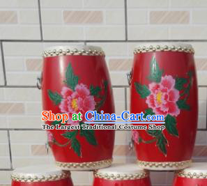 Chinese Traditional Handmade Drums Folk Dance Red Waist Drum Printing Peony Cowhide Drums