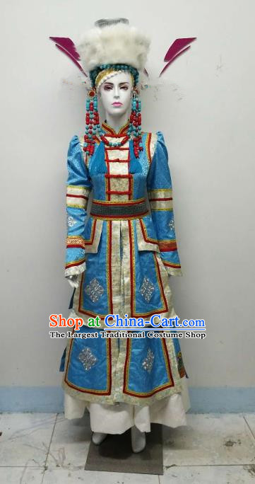 Chinese Ethnic Costumes Traditional Mongolian Nationality Embroidered Blue Dress and Hat for Women